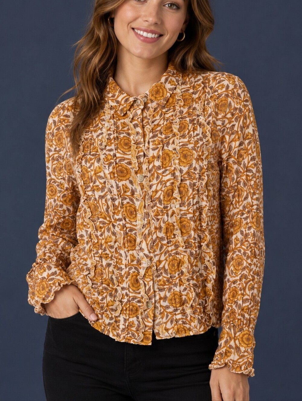 IVY JANE Retro Goldenrod Floral Ruffle Tuxedo Button Down Long Sleeve Shirt